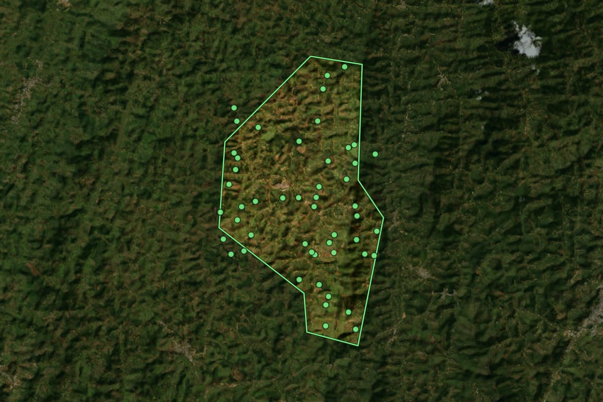 Imagem de satélite de Caputira (MG), com o contorno do município e a posição dos imóveis desta página.