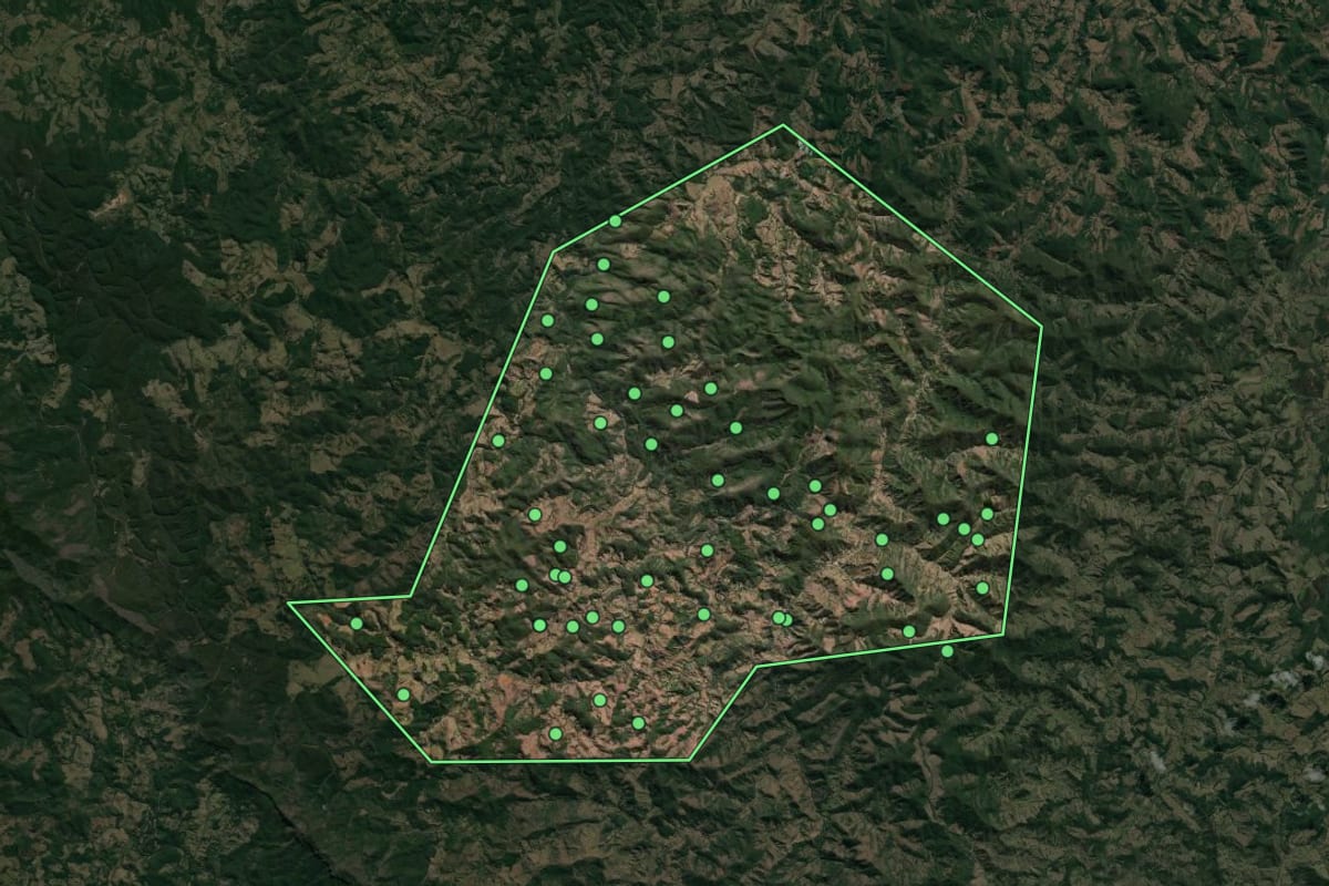 Imagem de satélite de Carmésia (MG), com o contorno do município e a posição dos imóveis desta página.
