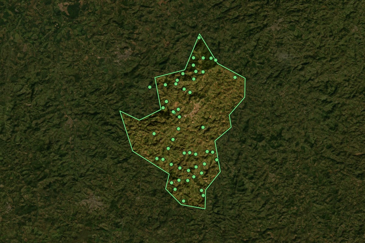 Imagem de satélite de Carmópolis de Minas (MG), com o contorno do município e a posição dos imóveis desta página.