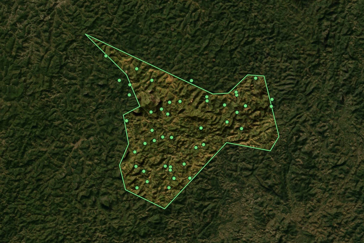 Imagem de satélite de Catuji (MG), com o contorno do município e a posição dos imóveis desta página.