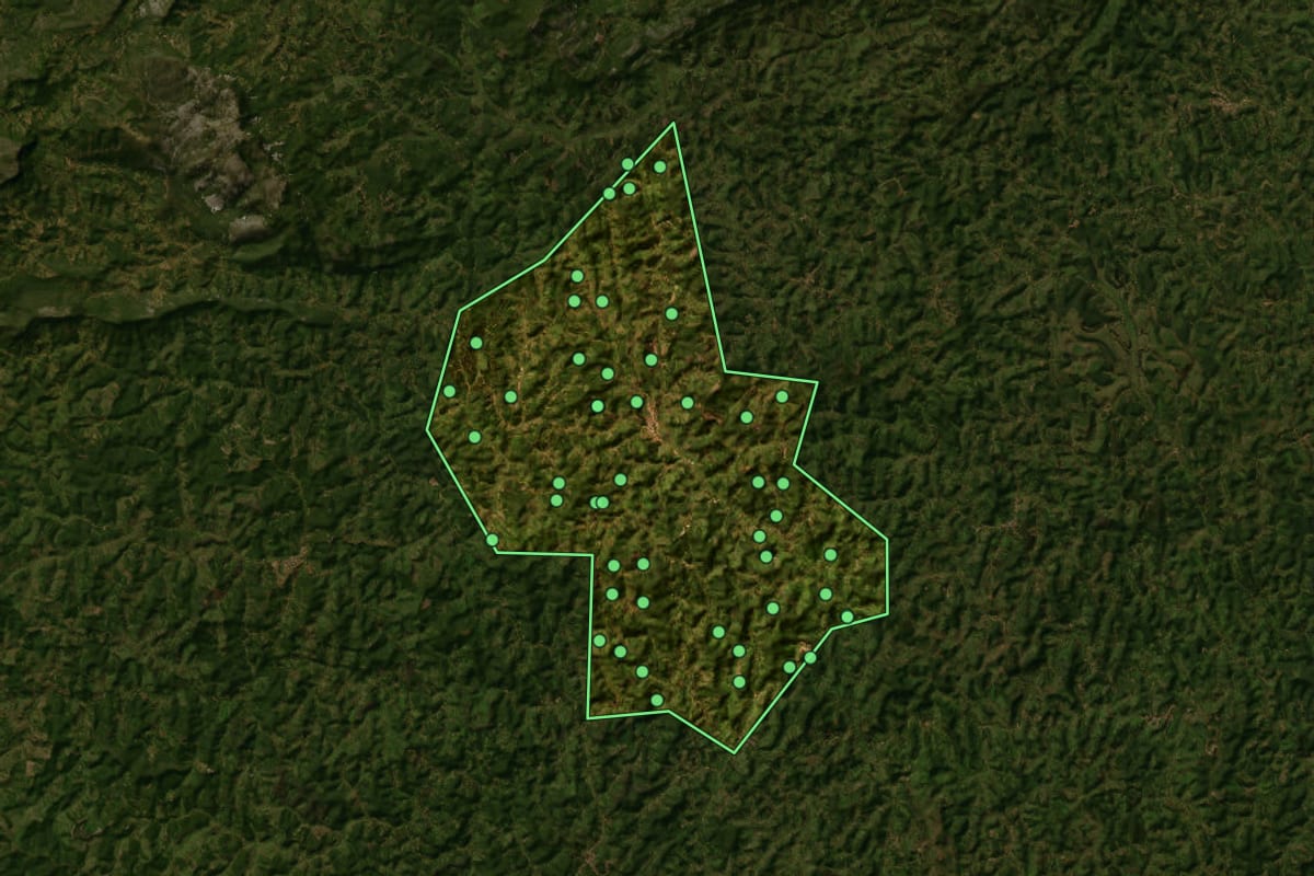 Imagem de satélite de Coluna (MG), com o contorno do município e a posição dos imóveis desta página.