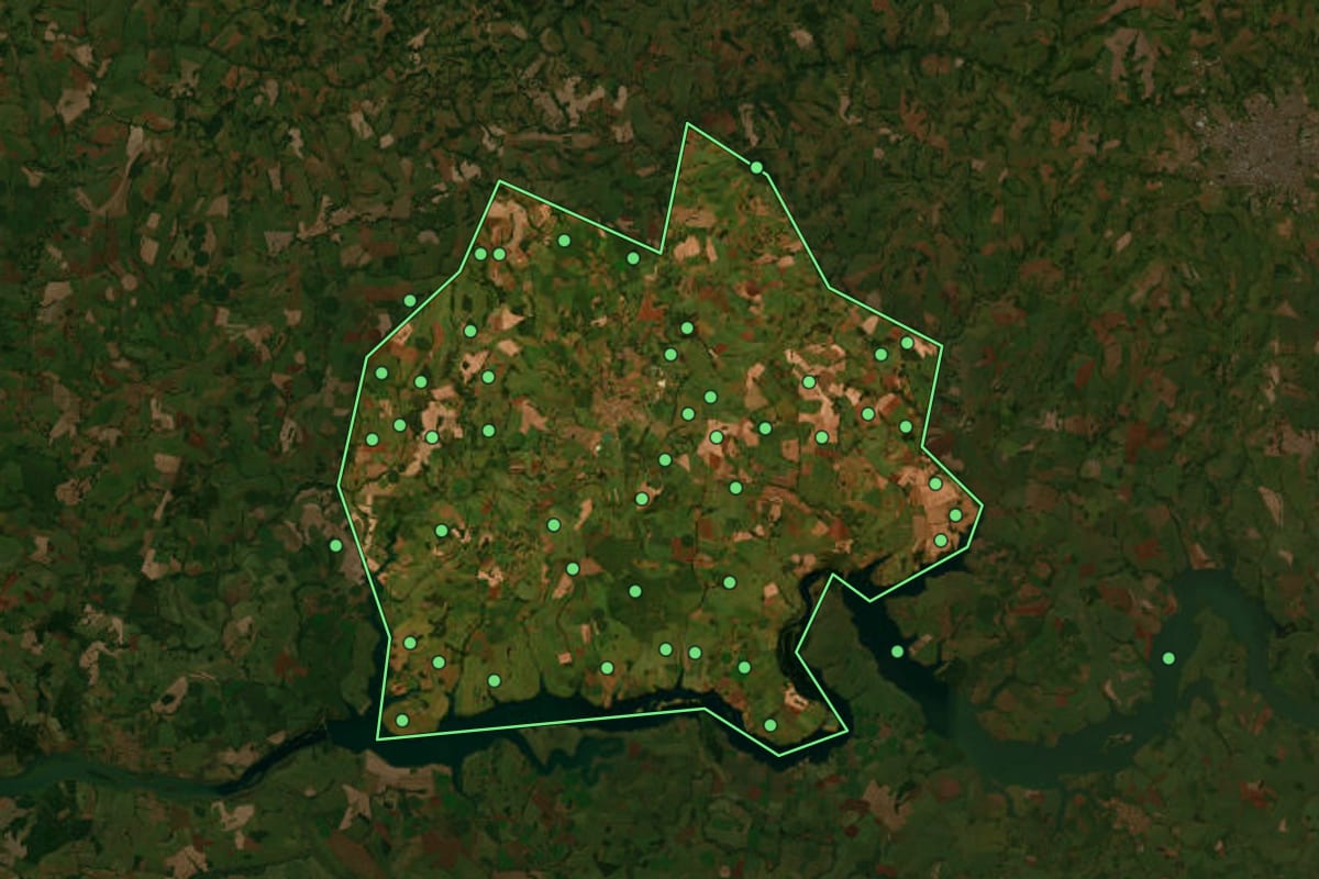 Imagem de satélite de Conceição das Alagoas (MG), com o contorno do município e a posição dos imóveis desta página.