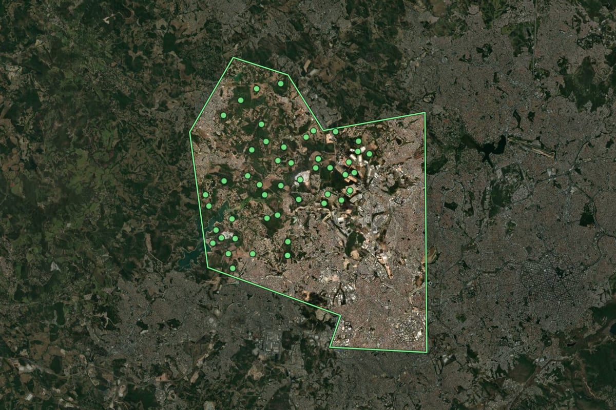Imagem de satélite de Contagem (MG), com o contorno do município e a posição dos imóveis desta página.