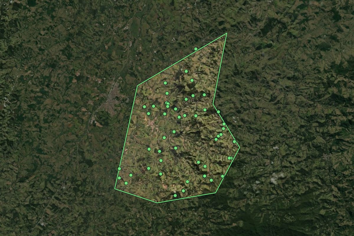 Imagem de satélite de Córrego do Bom Jesus (MG), com o contorno do município e a posição dos imóveis desta página.