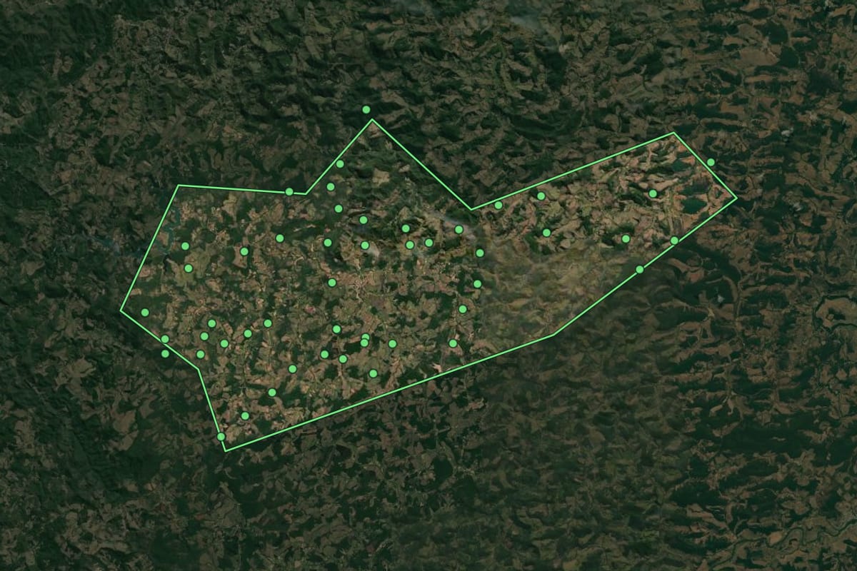 Imagem de satélite de Diogo de Vasconcelos (MG), com o contorno do município e a posição dos imóveis desta página.