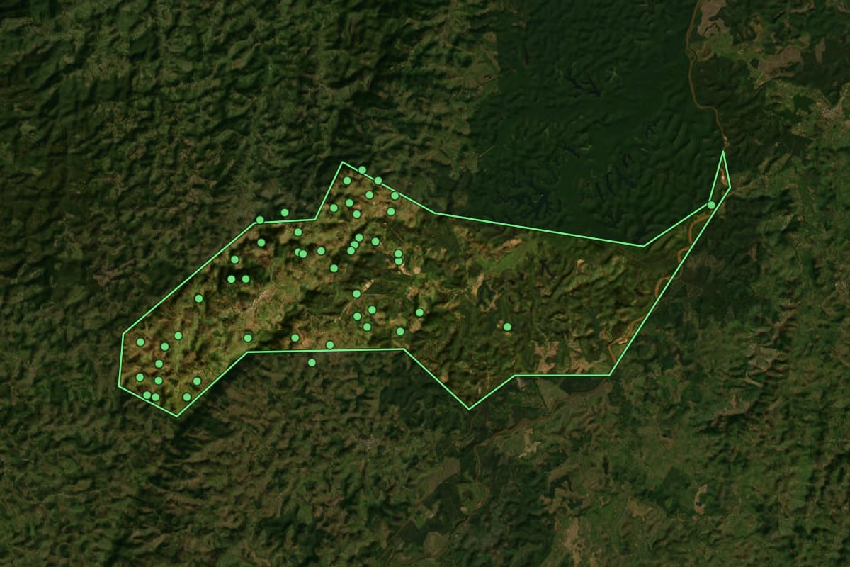 Imagem de satélite de Dionísio (MG), com o contorno do município e a posição dos imóveis desta página.