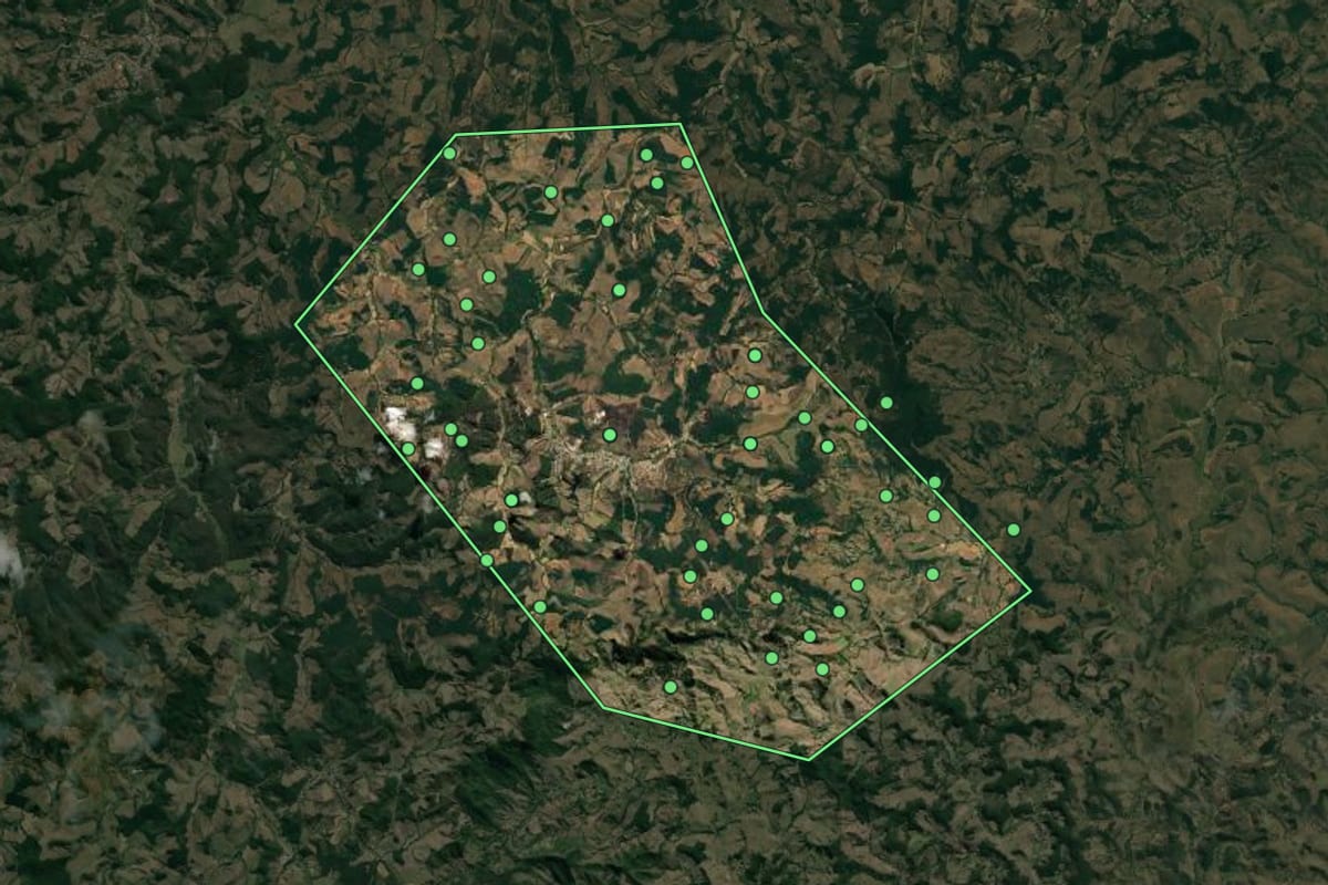 Imagem de satélite de Divinésia (MG), com o contorno do município e a posição dos imóveis desta página.