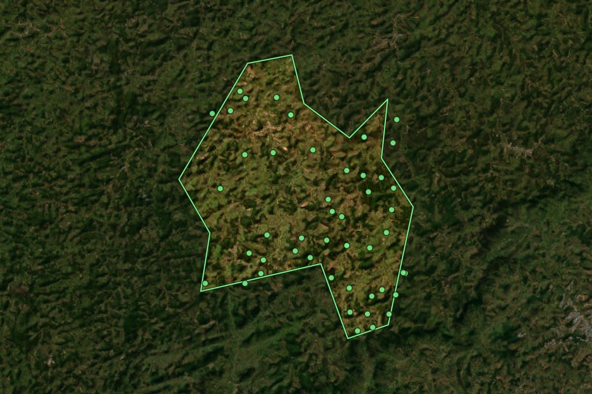 Imagem de satélite de Dores do Turvo (MG), com o contorno do município e a posição dos imóveis desta página.