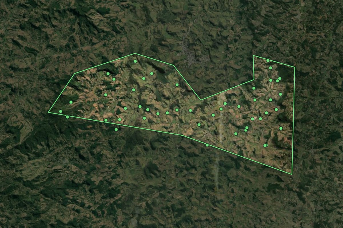 Imagem de satélite de Faria Lemos (MG), com o contorno do município e a posição dos imóveis desta página.