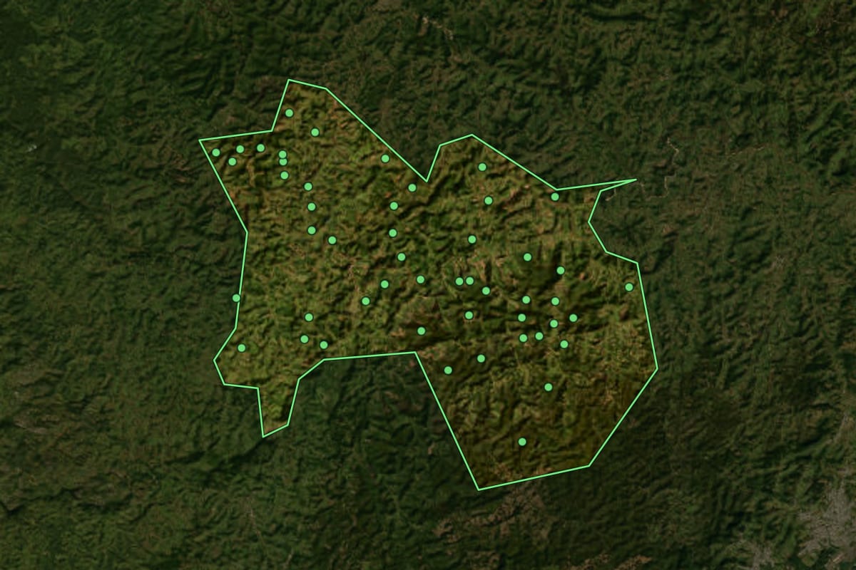 Imagem de satélite de Ferros (MG), com o contorno do município e a posição dos imóveis desta página.
