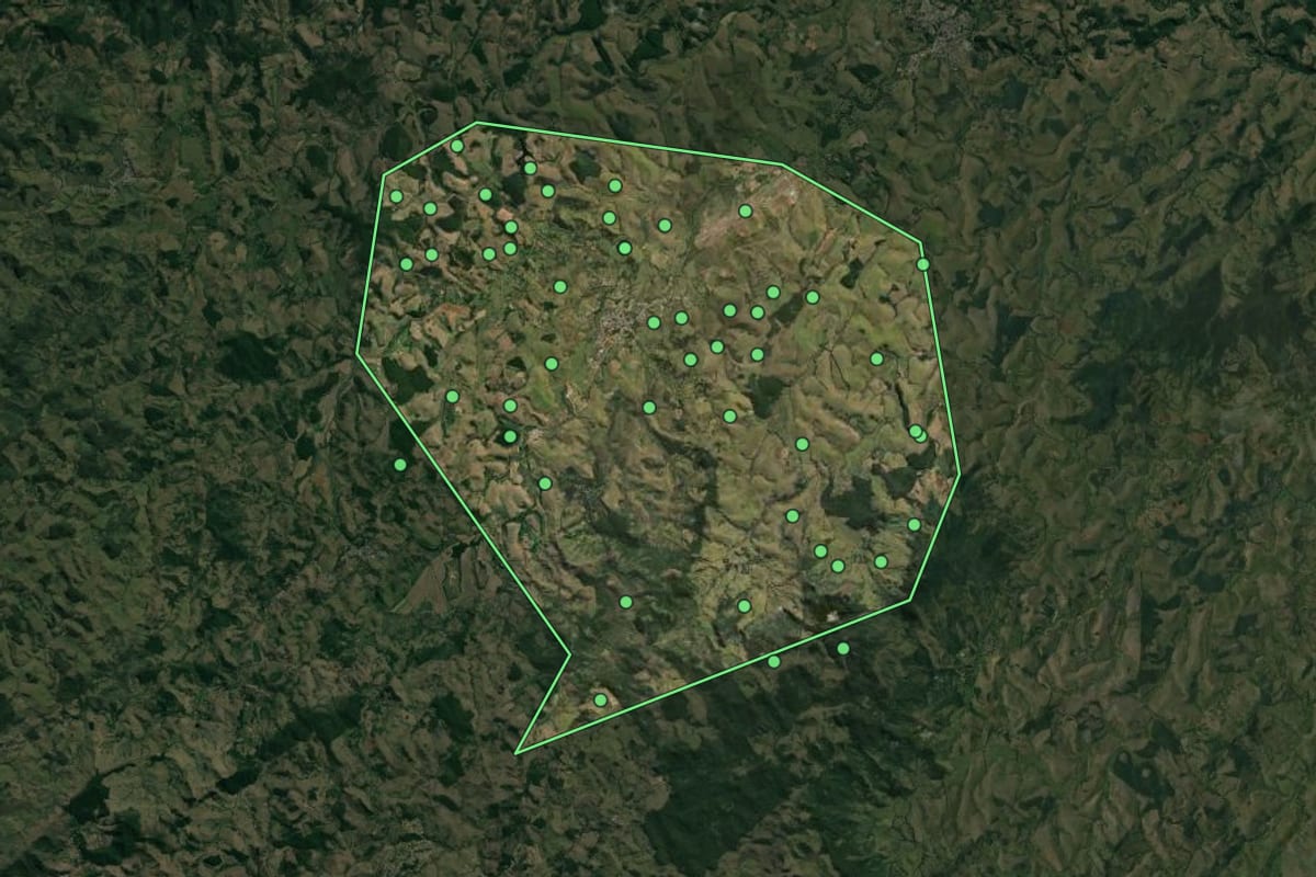 Imagem de satélite de Goianá (MG), com o contorno do município e a posição dos imóveis desta página.