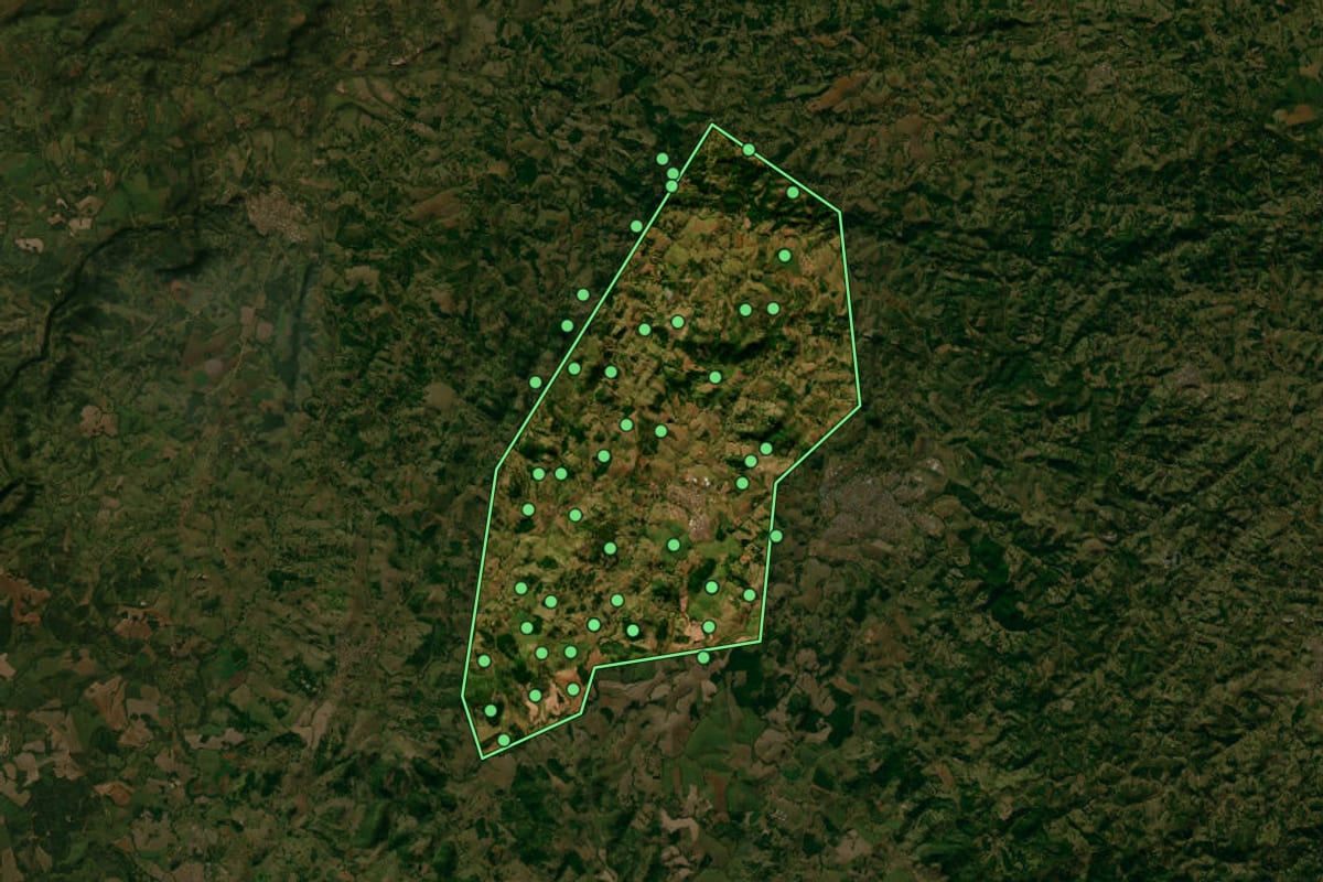 Imagem de satélite de Guaranésia (MG), com o contorno do município e a posição dos imóveis desta página.