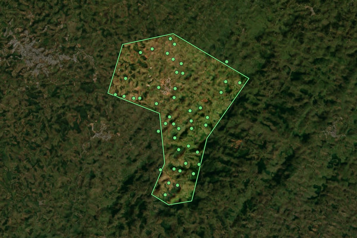 Imagem de satélite de Guidoval (MG), com o contorno do município e a posição dos imóveis desta página.