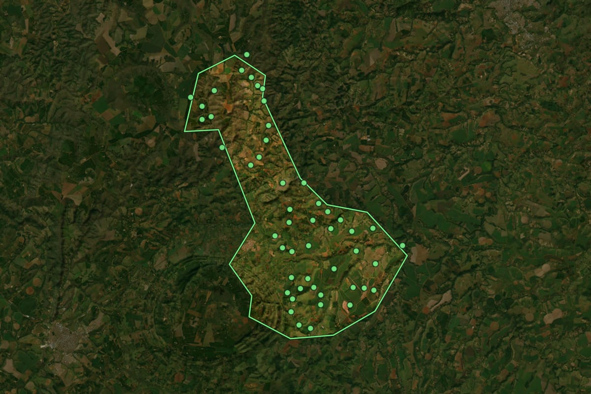 Imagem de satélite de Guimarânia (MG), com o contorno do município e a posição dos imóveis desta página.