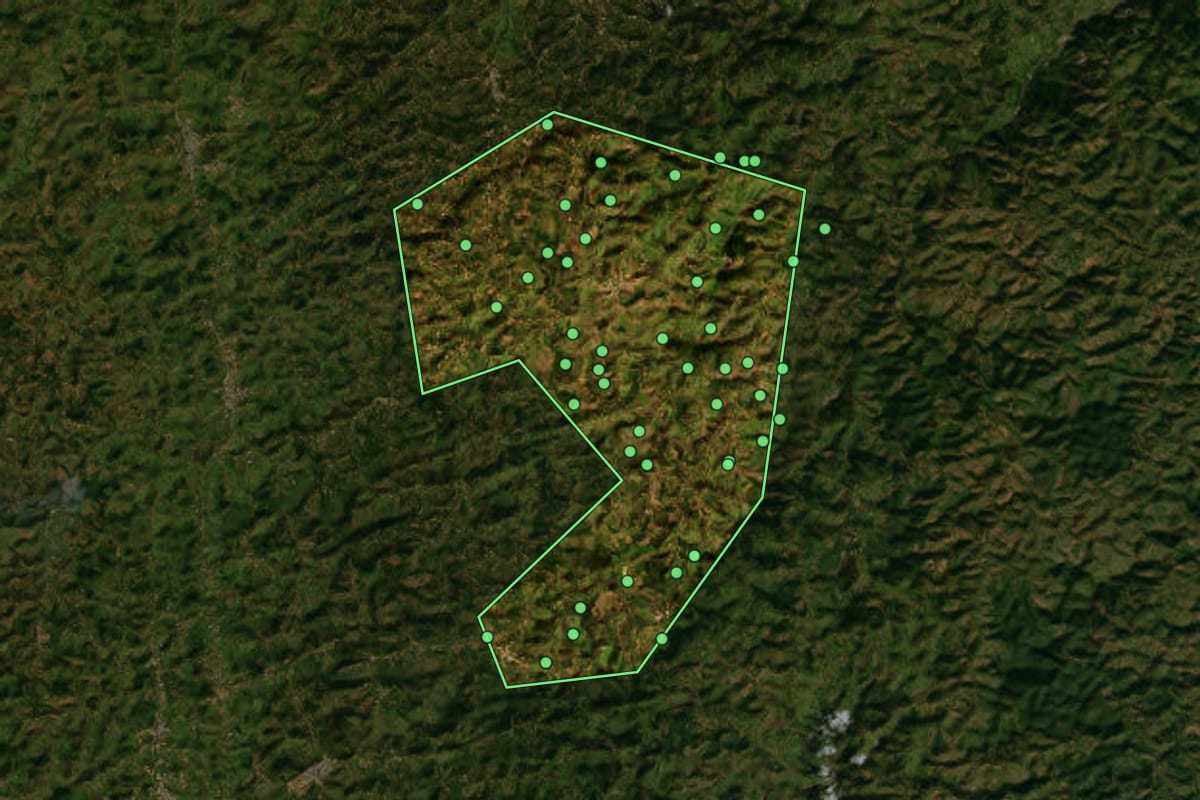 Imagem de satélite de Imbé de Minas (MG), com o contorno do município e a posição dos imóveis desta página.