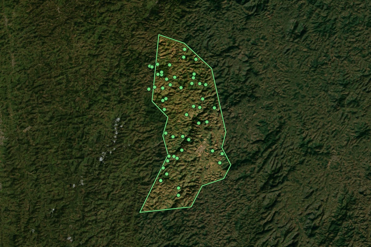 Imagem de satélite de Ipanema (MG), com o contorno do município e a posição dos imóveis desta página.