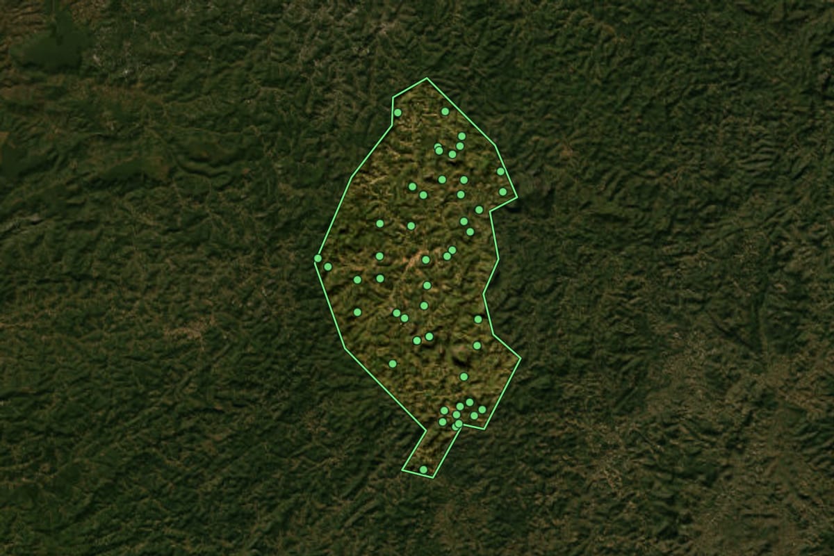 Imagem de satélite de Itaipé (MG), com o contorno do município e a posição dos imóveis desta página.