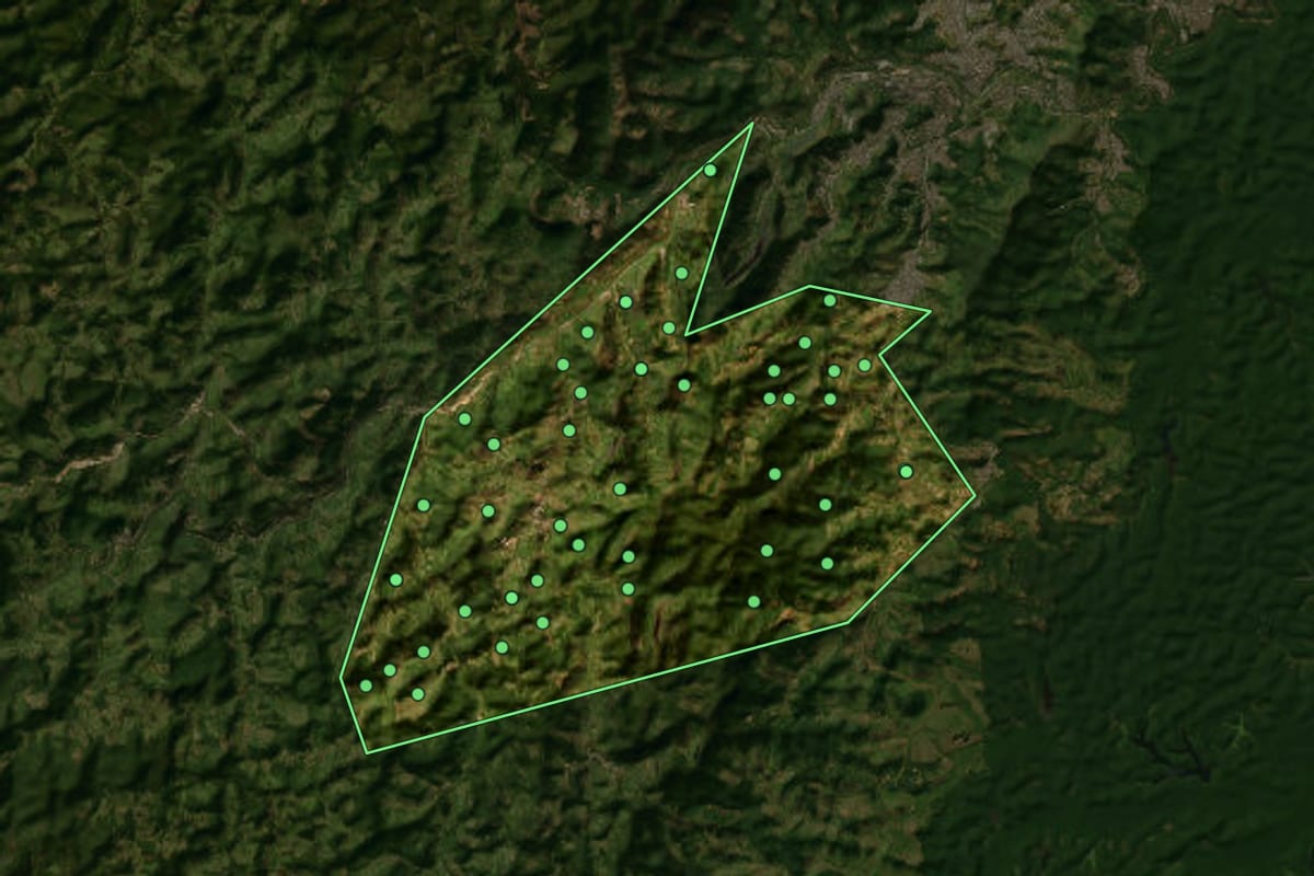 Imagem de satélite de Jaguaraçu (MG), com o contorno do município e a posição dos imóveis desta página.