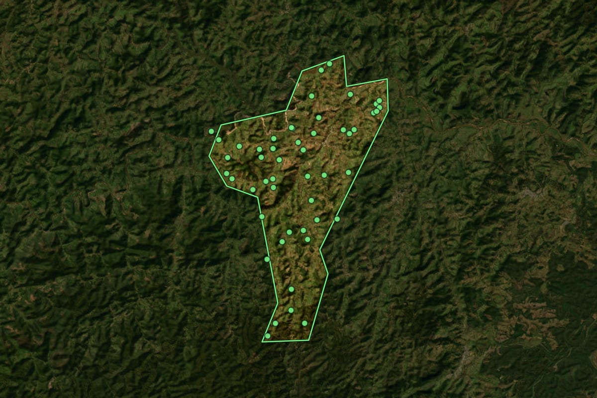 Imagem de satélite de Joanésia (MG), com o contorno do município e a posição dos imóveis desta página.