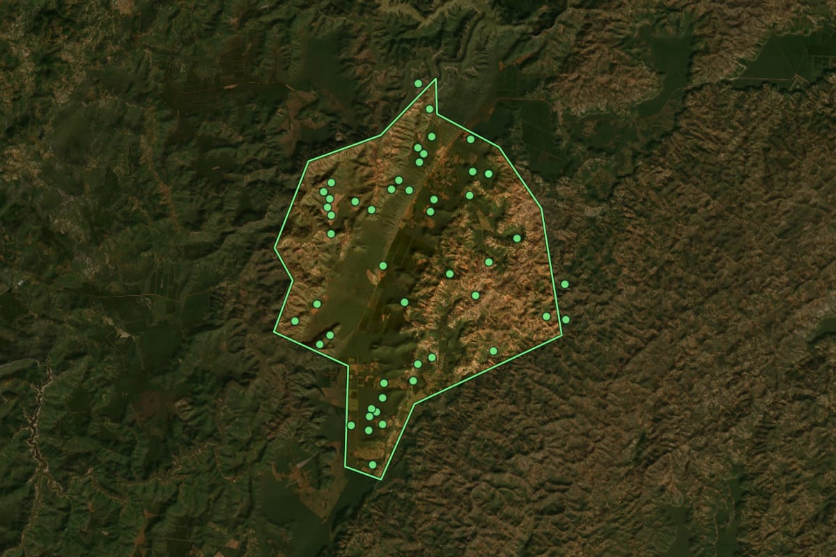 Imagem de satélite de José Gonçalves de Minas (MG), com o contorno do município e a posição dos imóveis desta página.