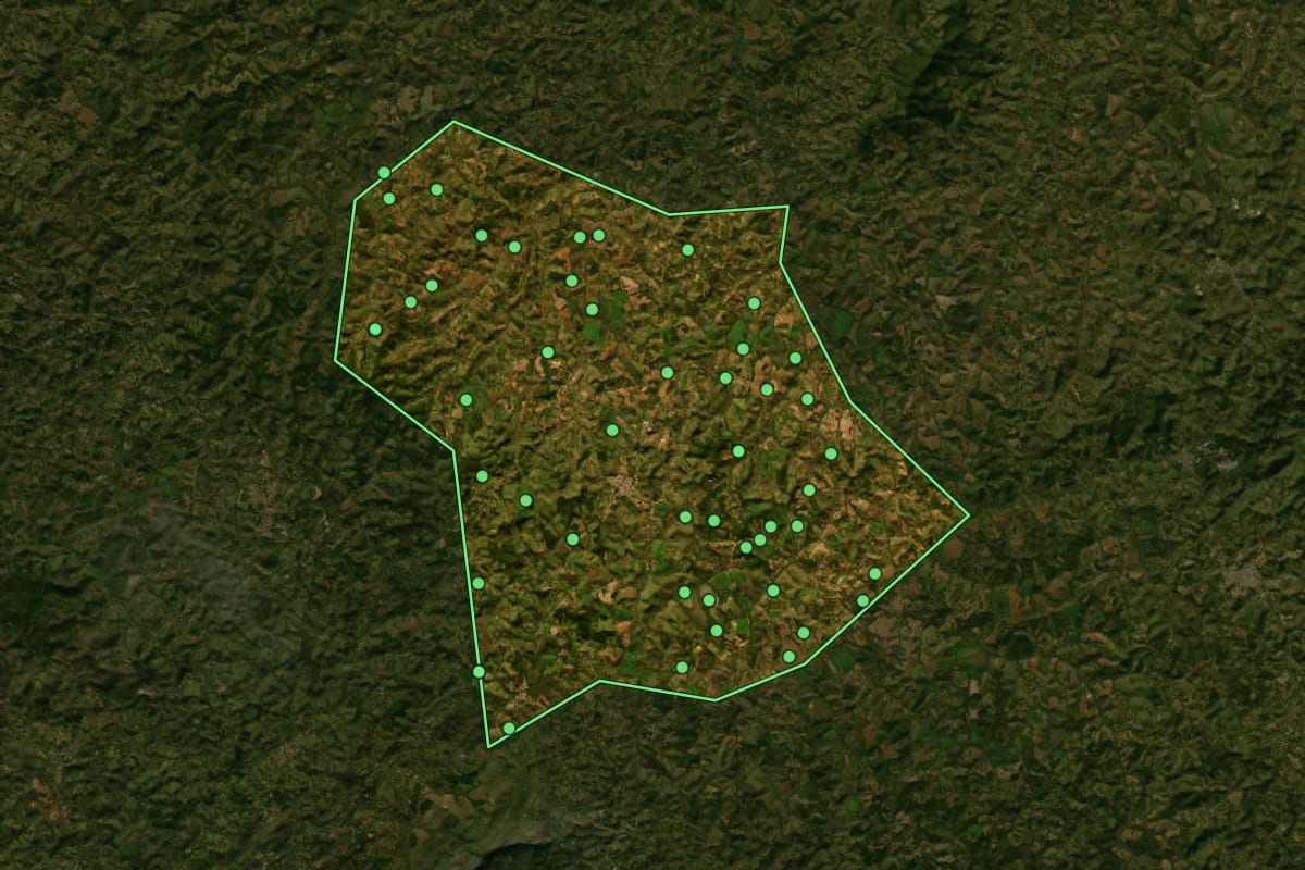 Imagem de satélite de Lagoa Dourada (MG), com o contorno do município e a posição dos imóveis desta página.