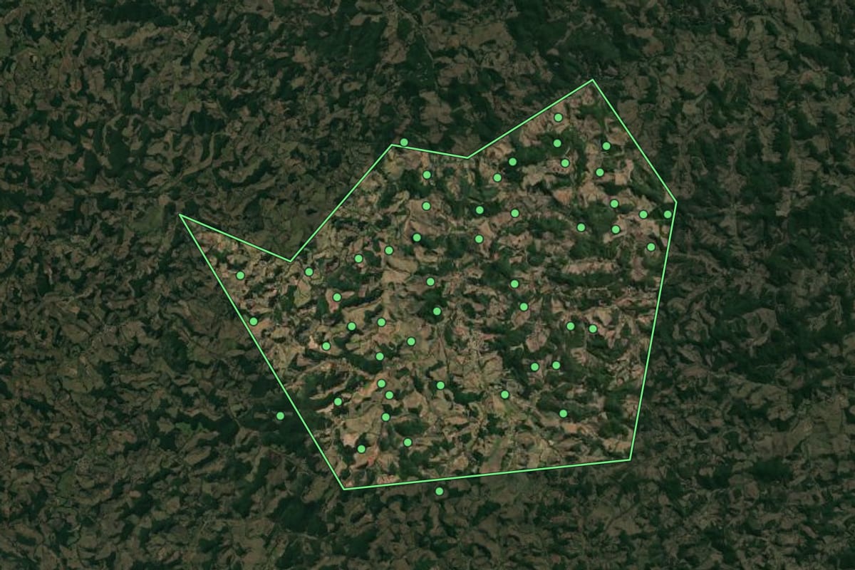 Imagem de satélite de Lamim (MG), com o contorno do município e a posição dos imóveis desta página.