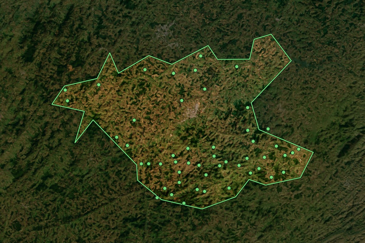 Imagem de satélite de Leopoldina (MG), com o contorno do município e a posição dos imóveis desta página.