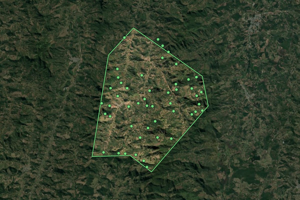 Imagem de satélite de Luisburgo (MG), com o contorno do município e a posição dos imóveis desta página.