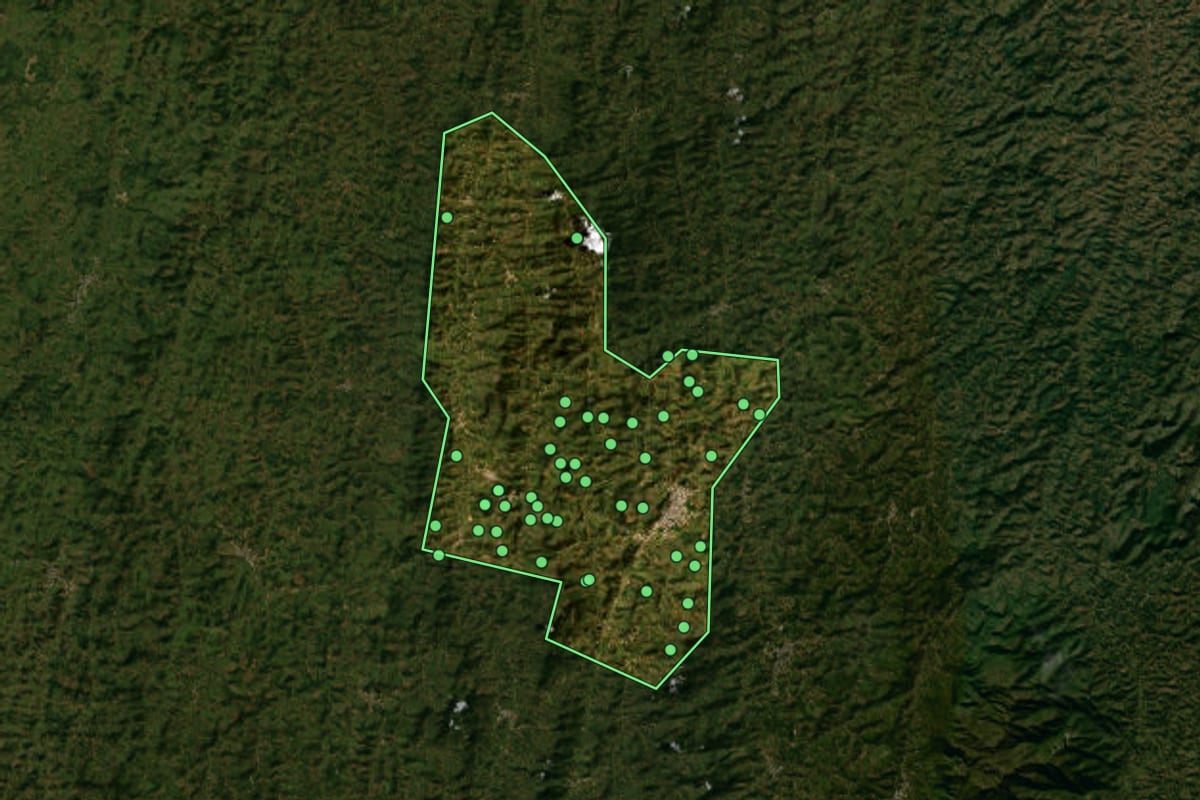 Imagem de satélite de Manhuaçu (MG), com o contorno do município e a posição dos imóveis desta página.