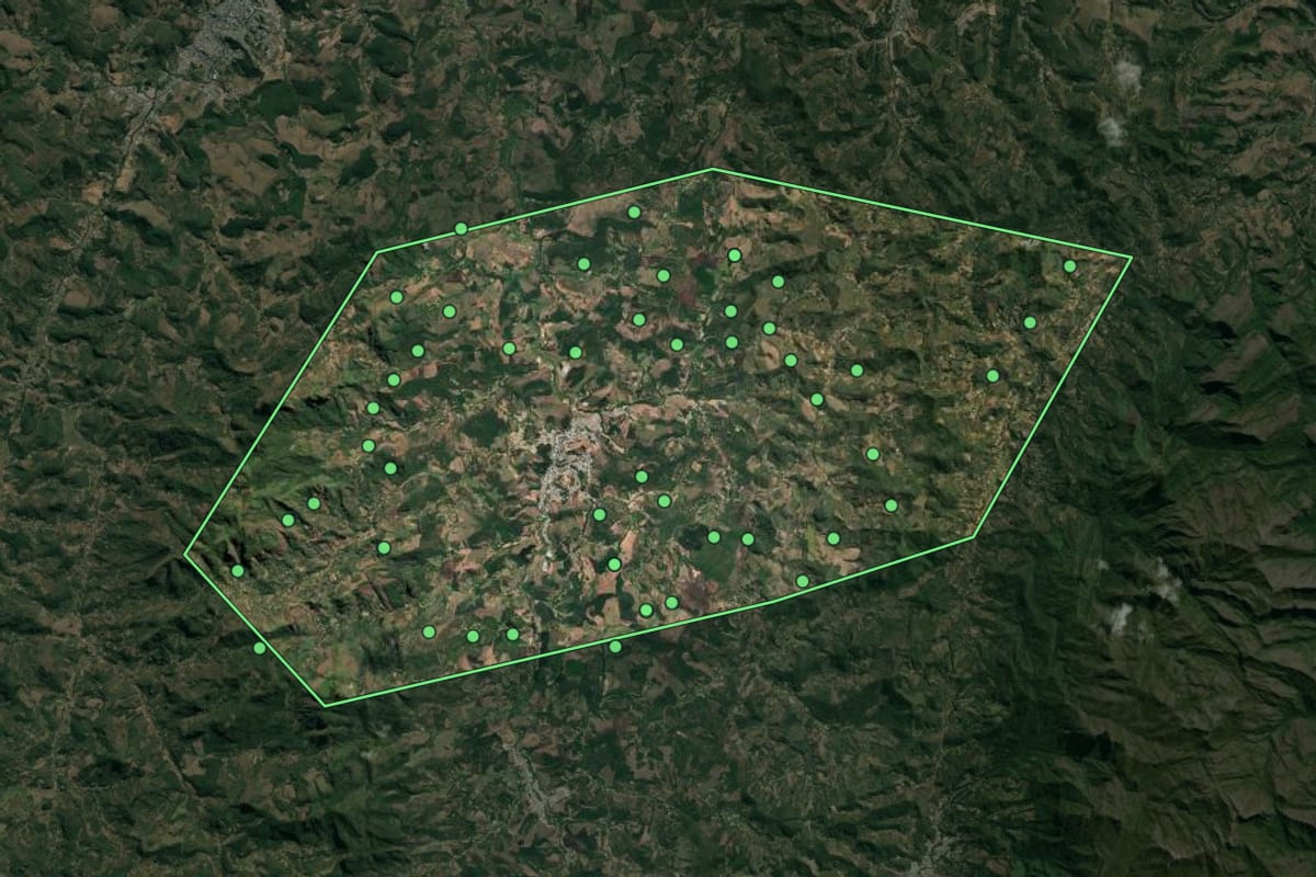 Imagem de satélite de Manhumirim (MG), com o contorno do município e a posição dos imóveis desta página.