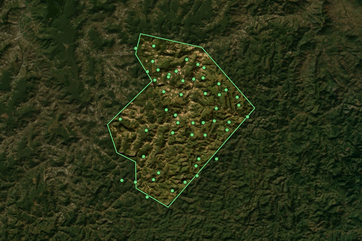 Imagem de satélite de Monte Formoso (MG), com o contorno do município e a posição dos imóveis desta página.