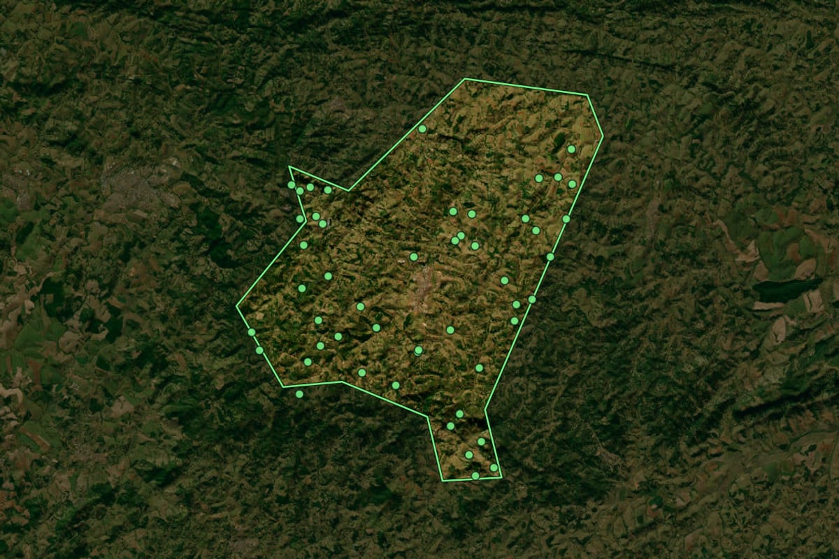 Imagem de satélite de Muzambinho (MG), com o contorno do município e a posição dos imóveis desta página.