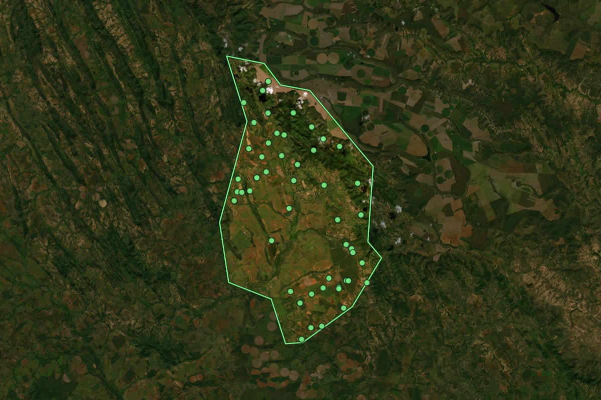 Imagem de satélite de Natalândia (MG), com o contorno do município e a posição dos imóveis desta página.