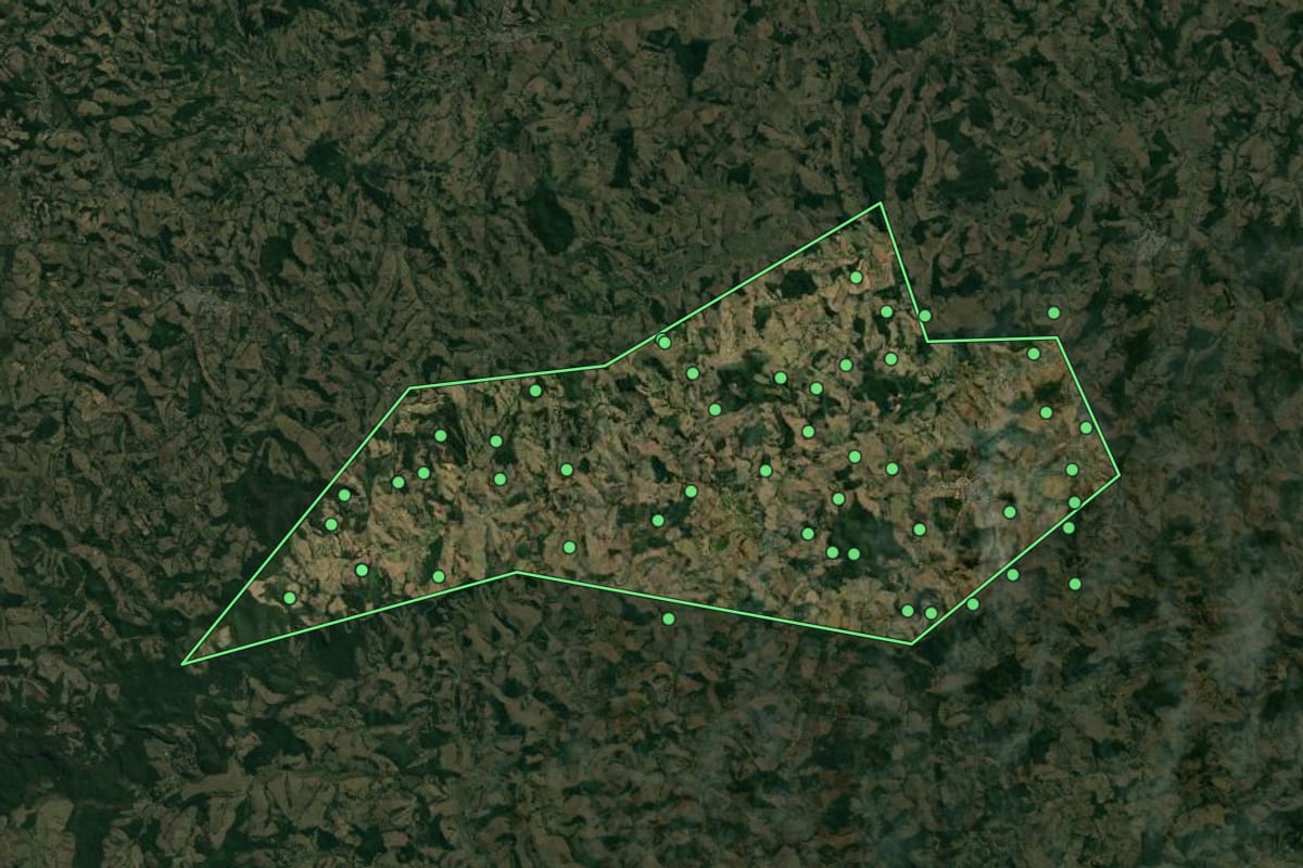 Imagem de satélite de Oliveira Fortes (MG), com o contorno do município e a posição dos imóveis desta página.