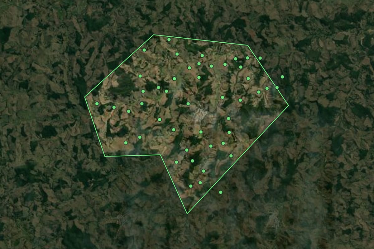 Imagem de satélite de Paiva (MG), com o contorno do município e a posição dos imóveis desta página.