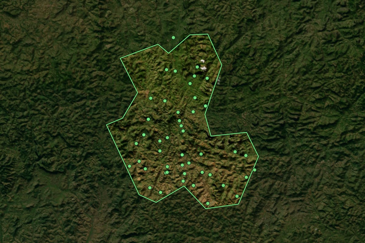 Imagem de satélite de Palmópolis (MG), com o contorno do município e a posição dos imóveis desta página.