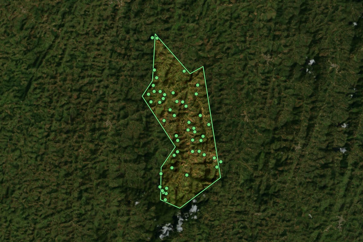Imagem de satélite de Pedra Bonita (MG), com o contorno do município e a posição dos imóveis desta página.