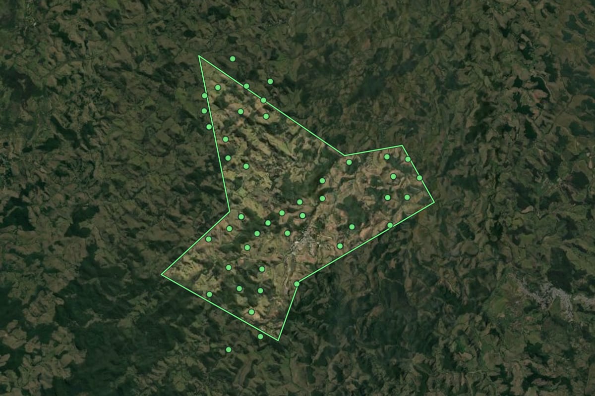 Imagem de satélite de Pequeri (MG), com o contorno do município e a posição dos imóveis desta página.