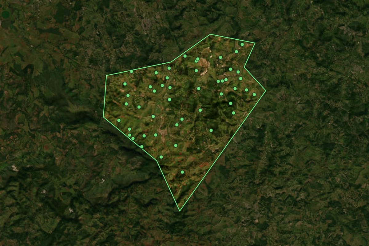 Imagem de satélite de Pequi (MG), com o contorno do município e a posição dos imóveis desta página.