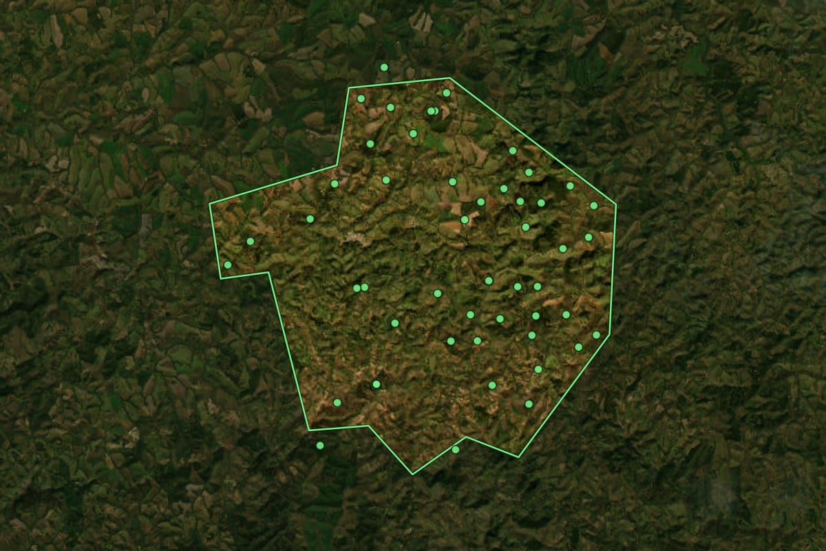 Imagem de satélite de Piedade do Rio Grande (MG), com o contorno do município e a posição dos imóveis desta página.
