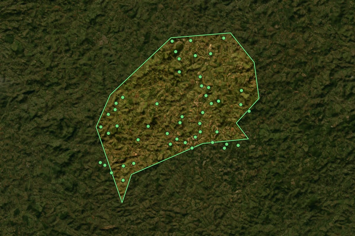Imagem de satélite de Piedade dos Gerais (MG), com o contorno do município e a posição dos imóveis desta página.