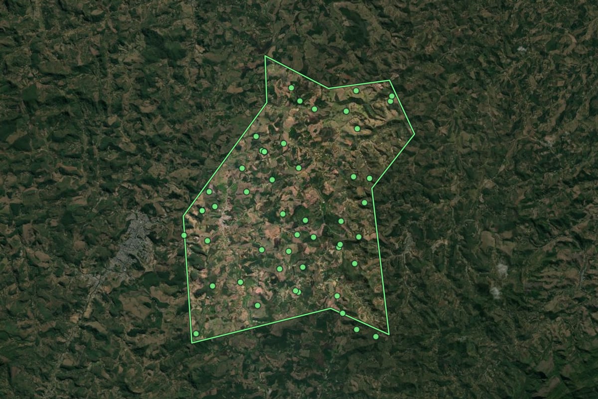 Imagem de satélite de Reduto (MG), com o contorno do município e a posição dos imóveis desta página.