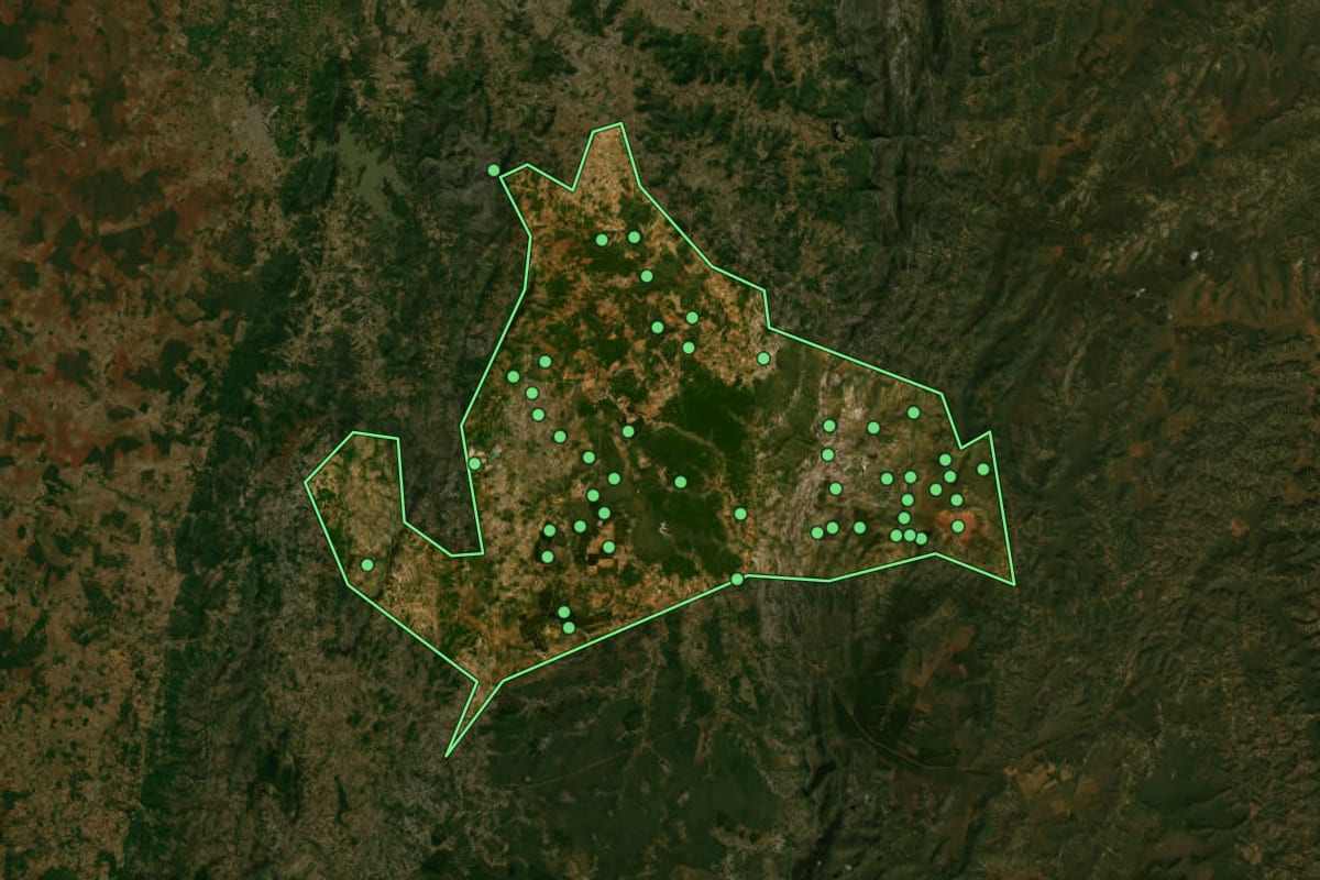 Imagem de satélite de Riacho dos Machados (MG), com o contorno do município e a posição dos imóveis desta página.