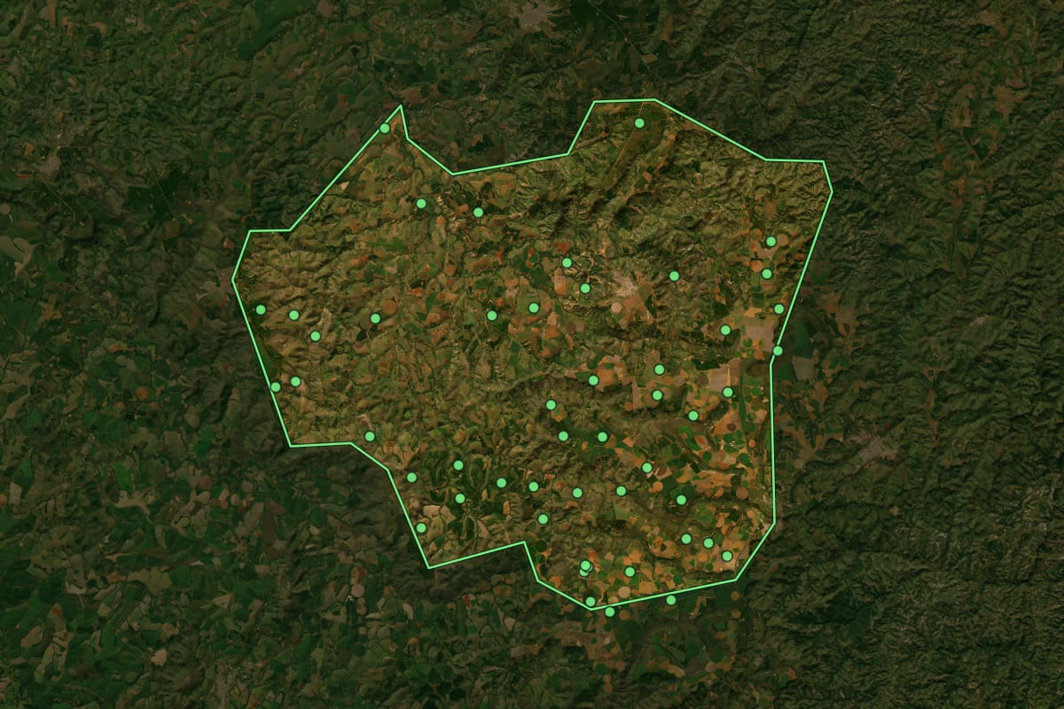 Imagem de satélite de Rio Paranaíba (MG), com o contorno do município e a posição dos imóveis desta página.