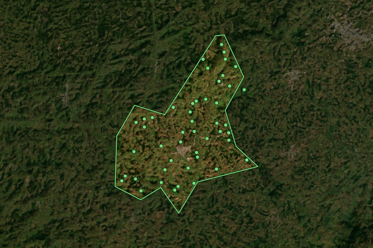 Imagem de satélite de Rio Pomba (MG), com o contorno do município e a posição dos imóveis desta página.