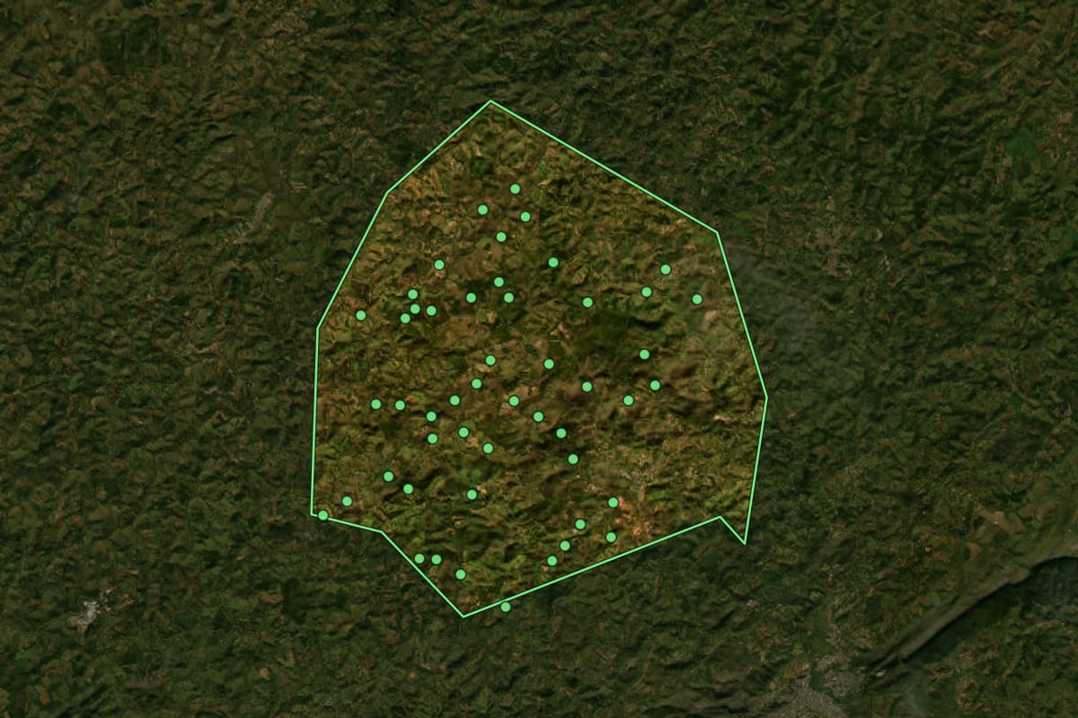 Imagem de satélite de Ritápolis (MG), com o contorno do município e a posição dos imóveis desta página.