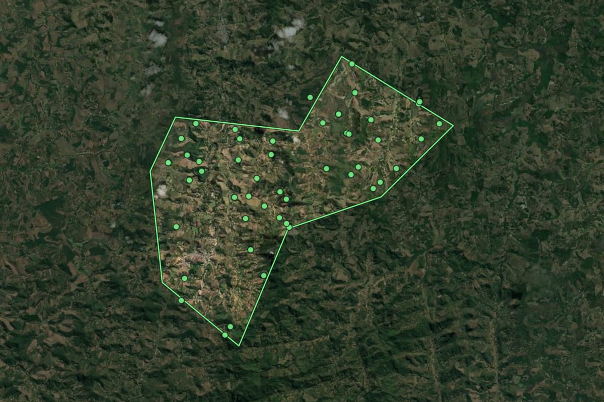 Imagem de satélite de Santa Bárbara do Leste (MG), com o contorno do município e a posição dos imóveis desta página.