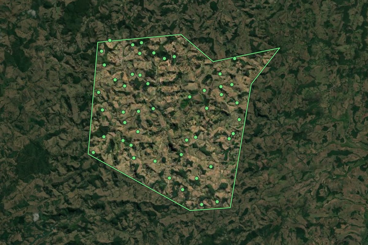 Imagem de satélite de Santa Efigênia de Minas (MG), com o contorno do município e a posição dos imóveis desta página.