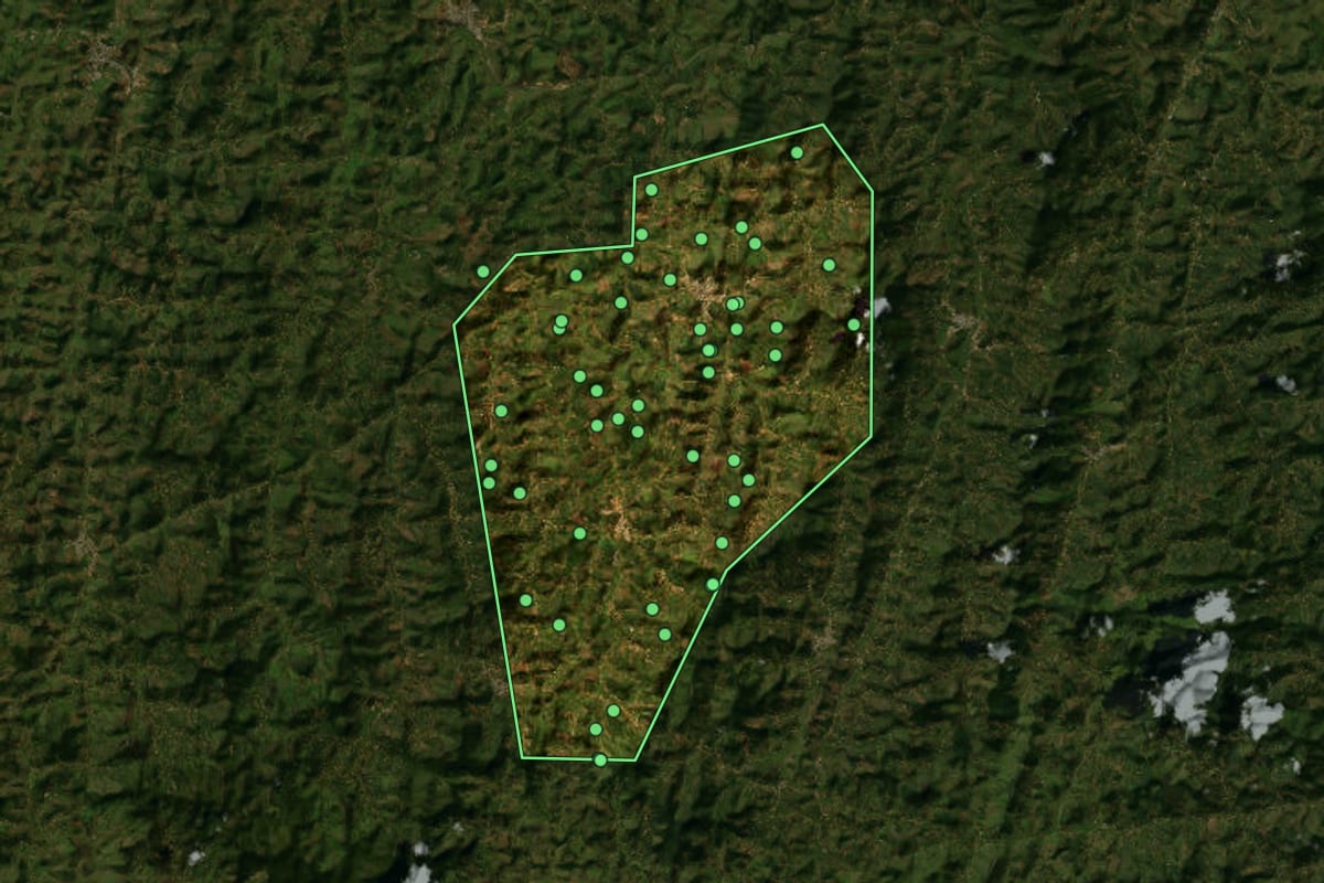 Imagem de satélite de Santa Margarida (MG), com o contorno do município e a posição dos imóveis desta página.