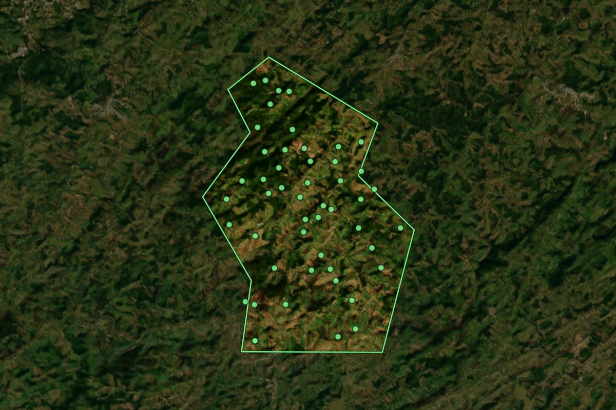 Imagem de satélite de Santana do Deserto (MG), com o contorno do município e a posição dos imóveis desta página.